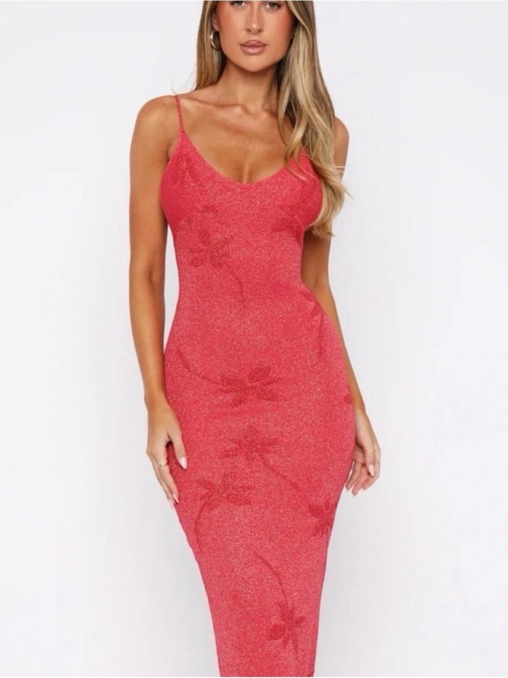 White Fox Red Glitter Bodycon Floral Spaghetti-Strap Maxi Dress Size XS